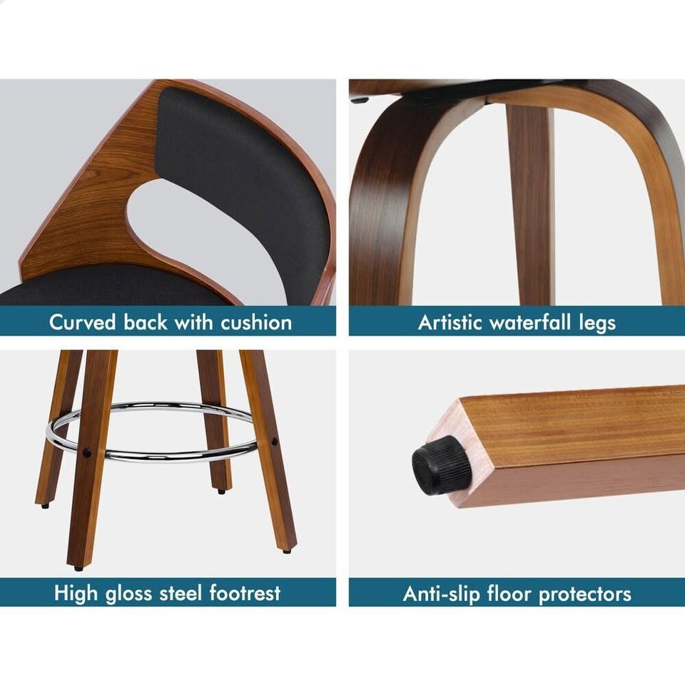A-BAR-BENT-50-FA-BKX2 ALFORDSON 2x Bar Stools Swivel Wooden Chairs Fabric Black