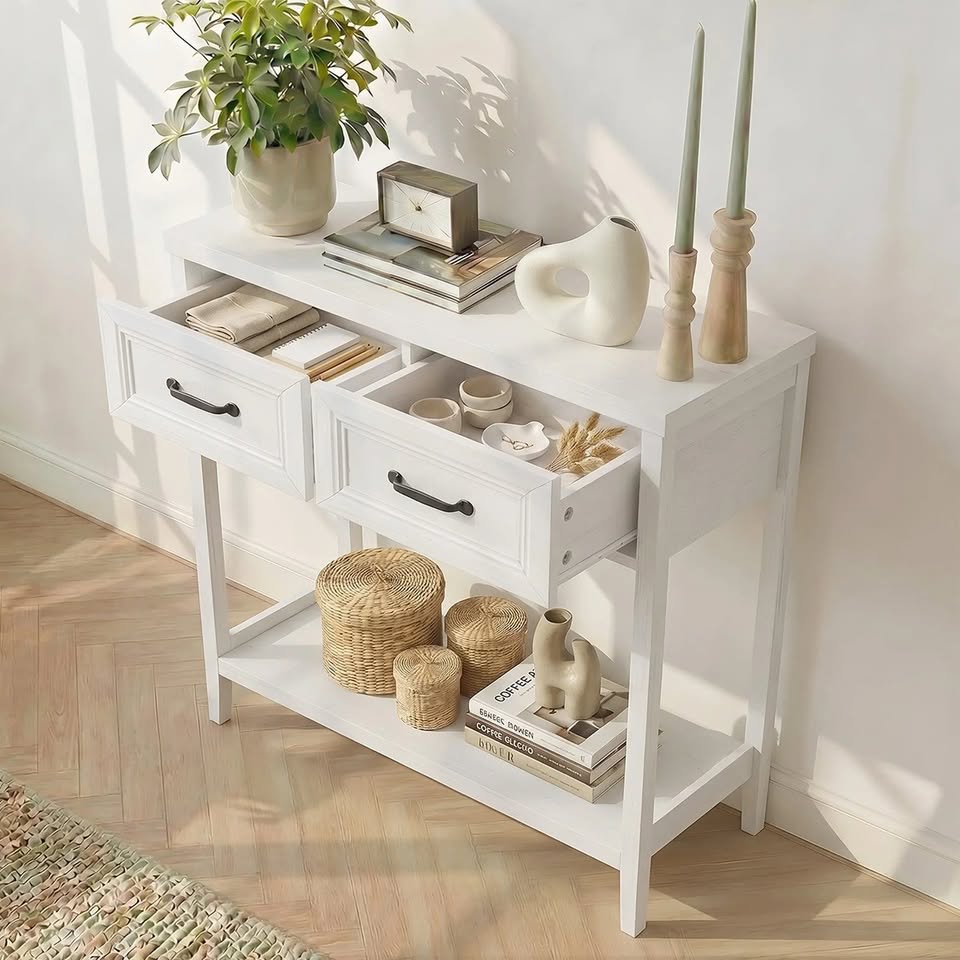 CST-XF-MAX-2D-WH Oikiture Console Table 2 Drawers Hallway Entryway Storage Display Shelf White
