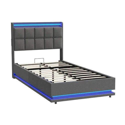 BF-E-DARY-KS-LN-GY-AB KING SINGLE Marcel Upholstered Gas Lift Storage Bed with LED & Charging Station
