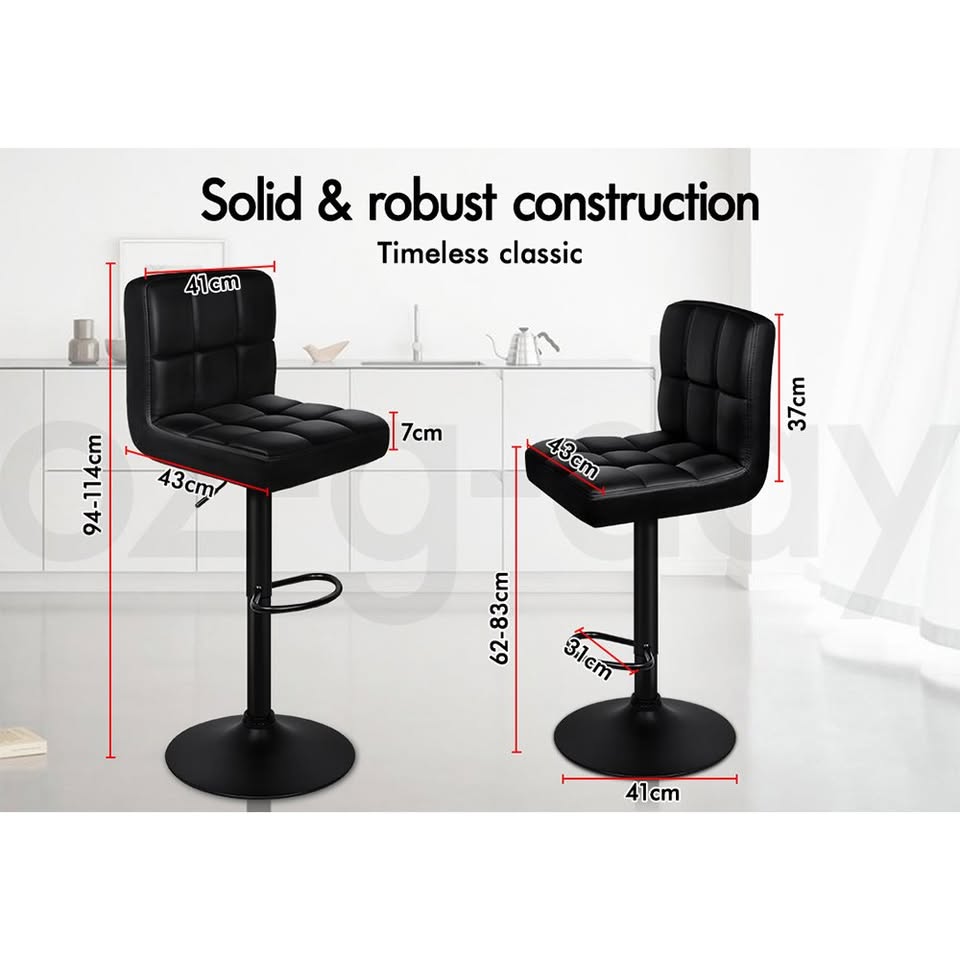 A-BAR-01H-ALLBKX2 ALFORDSON 2x Bar Stools Ralph Kitchen Swivel Chair Leather Gas Lift BLACK