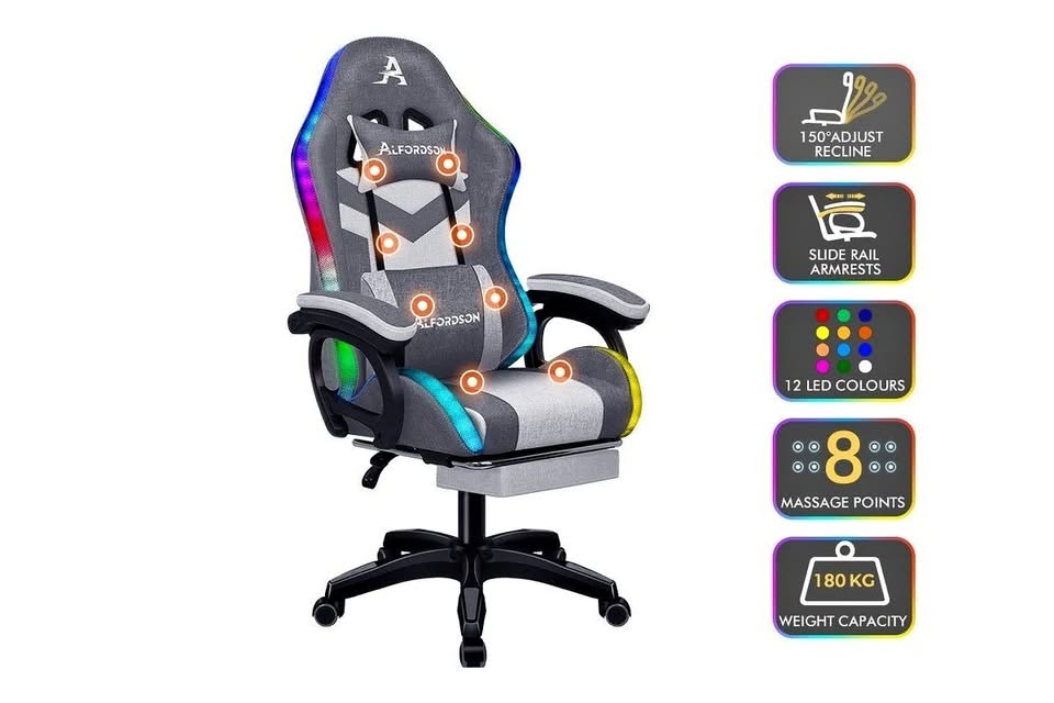 A-OCH-MLD-FA-DBLGY ALFORDSON LED Gaming Chair with 8-Point Massage Fabric Grey