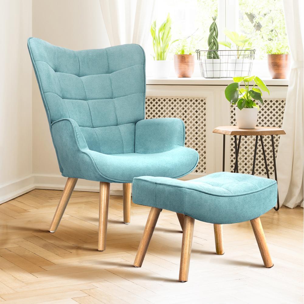 ACH-ST-A2-BL Oikiture Armchair with Footstool Fabric Blue
