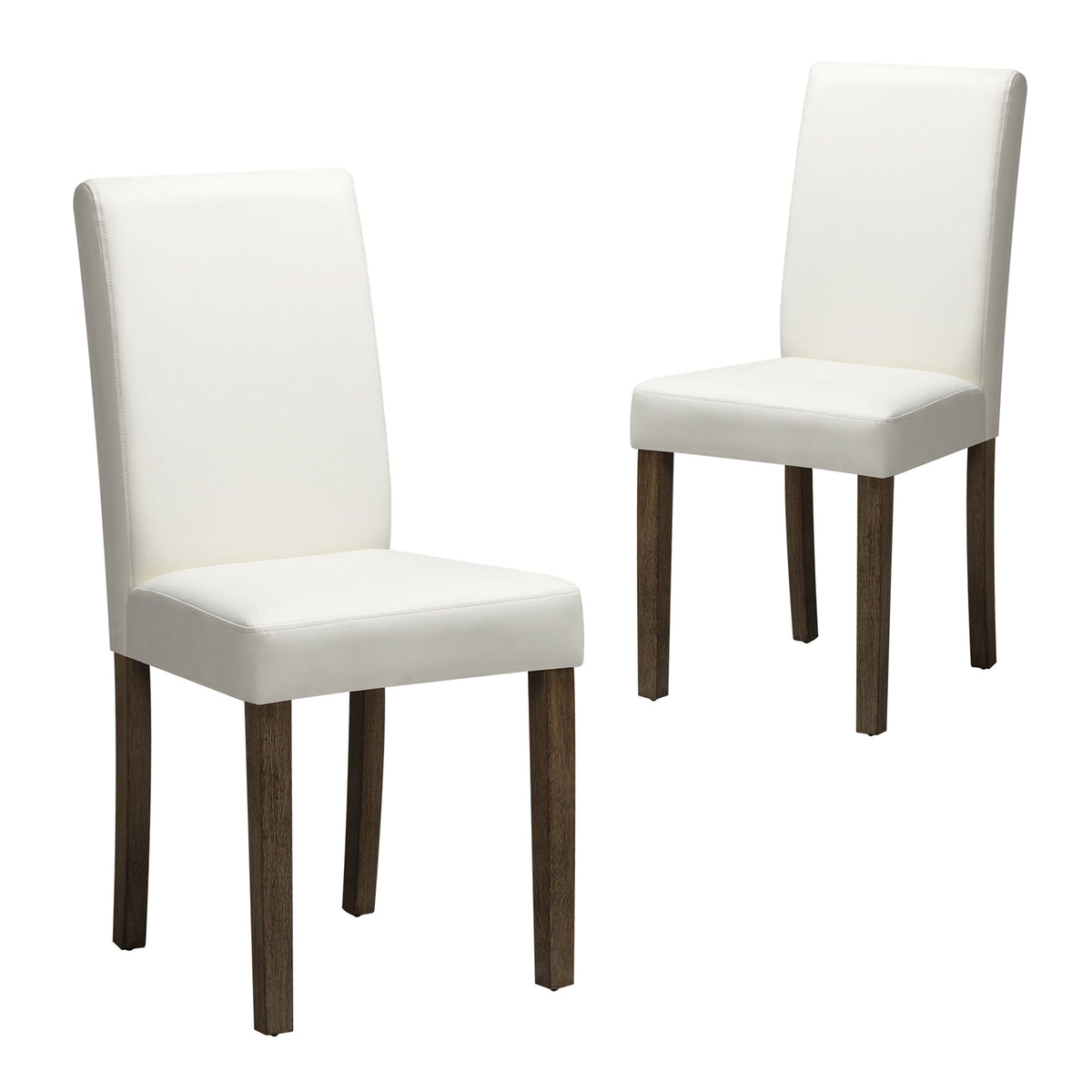 Two white chairs with wooden legs on a white background