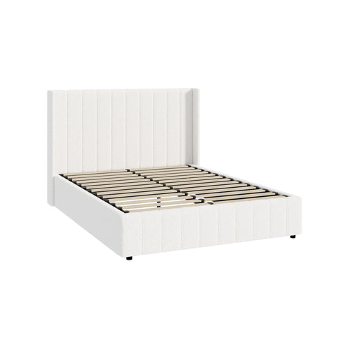BF-B-BILY-D-SP-WH-ABC Oikiture Bed Frame Double Size Gas Lift Base Boucle Fabric White