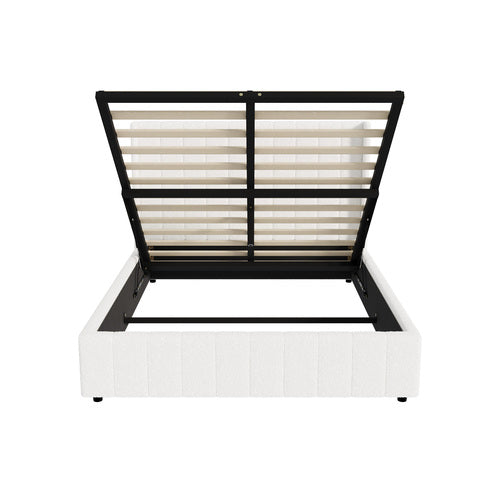 BF-B-BILY-D-SP-WH-ABC Oikiture Bed Frame Double Size Gas Lift Base Boucle Fabric White