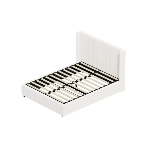 BF-B-BILY-D-SP-WH-ABC Oikiture Bed Frame Double Size Gas Lift Base Boucle Fabric White