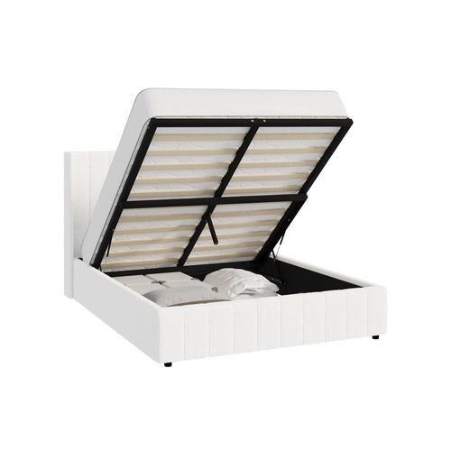 BF-B-BILY-D-SP-WH-ABC Oikiture Bed Frame Double Size Gas Lift Base Boucle Fabric White