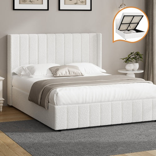 BF-B-BILY-D-SP-WH-ABC Oikiture Bed Frame Double Size Gas Lift Base Boucle Fabric White