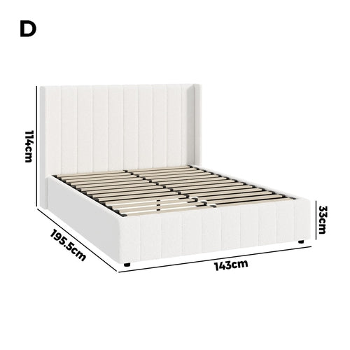 BF-B-BILY-D-SP-WH-ABC Oikiture Bed Frame Double Size Gas Lift Base Boucle Fabric White