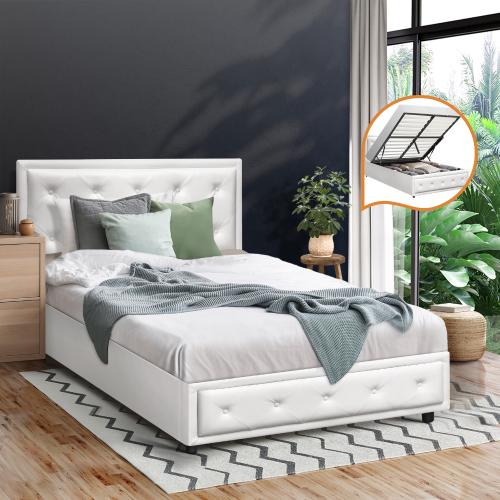 BF-B-ENZO-KS-WH-ABC Oikiture King Single Bed Frame with Storage Space Gas Lift White