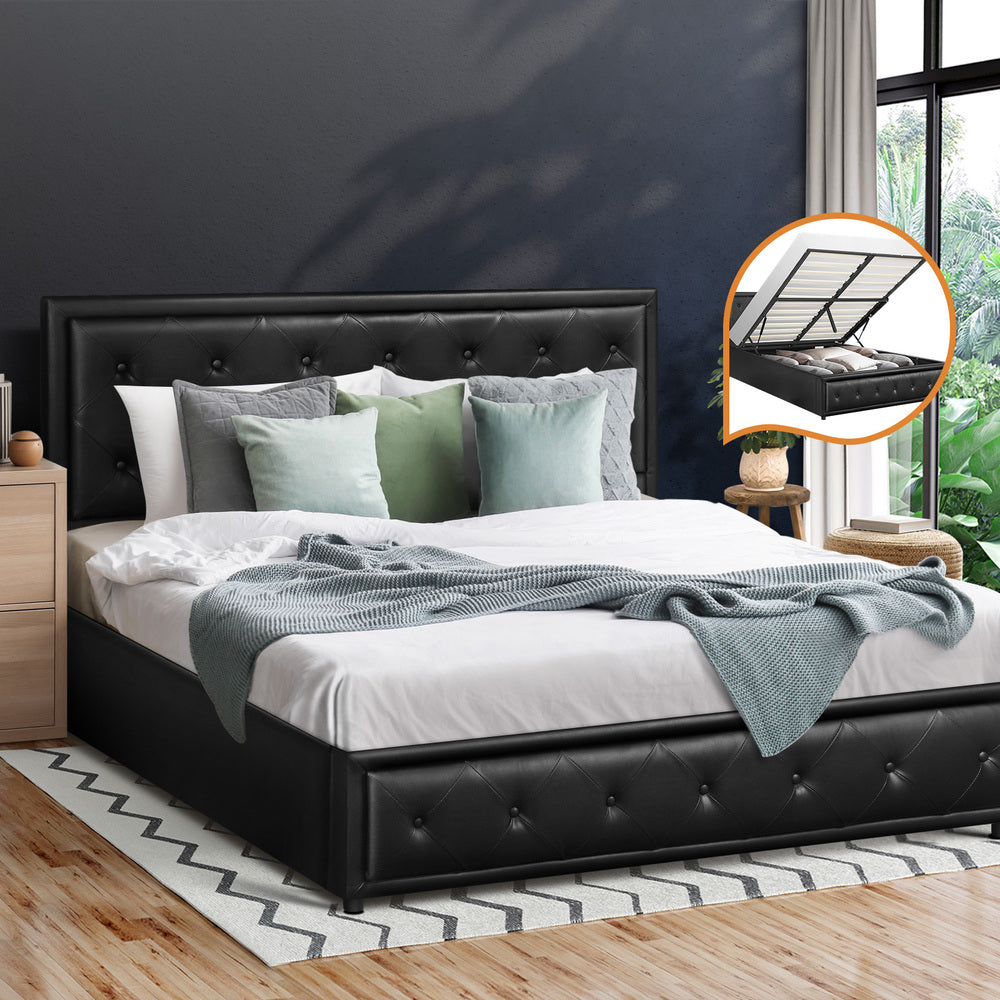 BF-B-ENZO-Q-BK-ABC Oikiture Queen Bed Frame with Storage Space Gas Lift Black