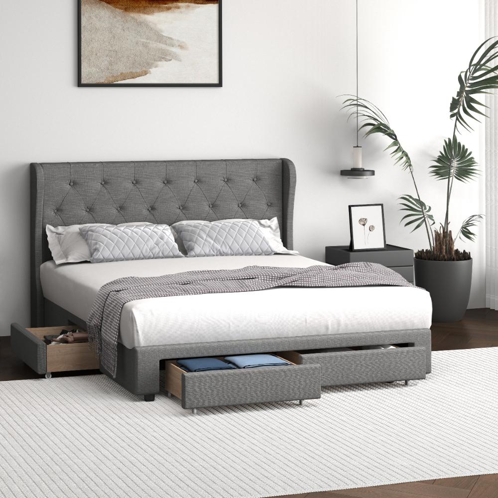 BF-B-HEMI-D-GY-ABCD Oikiture Bed Frame Double Size Base With Storage Drawers