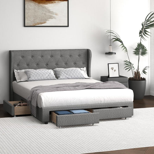 BF-B-HEMI-D-GY-ABCD Oikiture Bed Frame Double Size Base With Storage Drawers