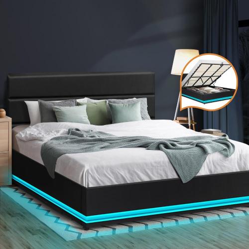 BF-B-LAYZ-K-BK-ABC Oikiture Bed Frame King Size Bed Platform RGB LED Gas Lift Base Storage Grey