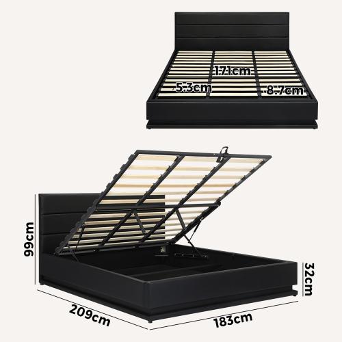 BF-B-LAYZ-K-BK-ABC Oikiture Bed Frame King Size Bed Platform RGB LED Gas Lift Base Storage Grey
