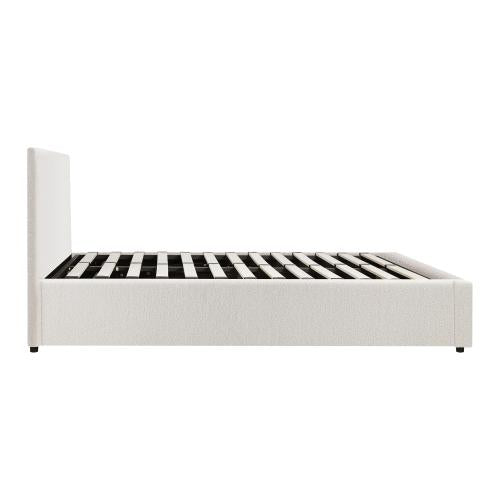 BF-B-UNO-KS-WH-ABC Oikiture Bed Frame King Single Gas Lift Storage Base White Boucle