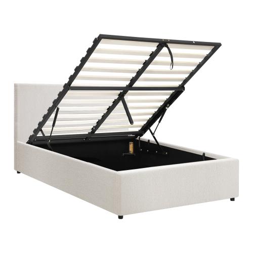 BF-B-UNO-KS-WH-ABC Oikiture Bed Frame King Single Gas Lift Storage Base White Boucle