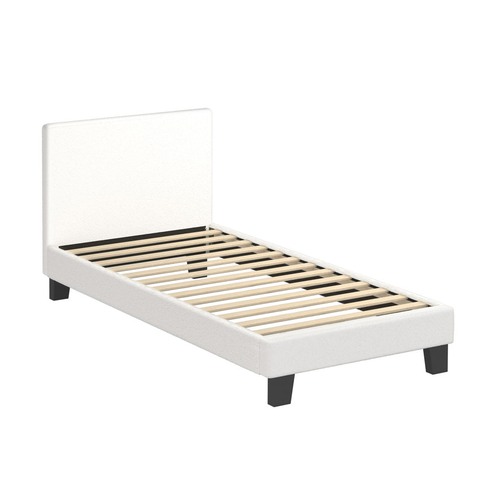 Oikiture Single Bed Frame with Wooden Slats and Boucle Fabric Bed Base Mattress Platfrom White