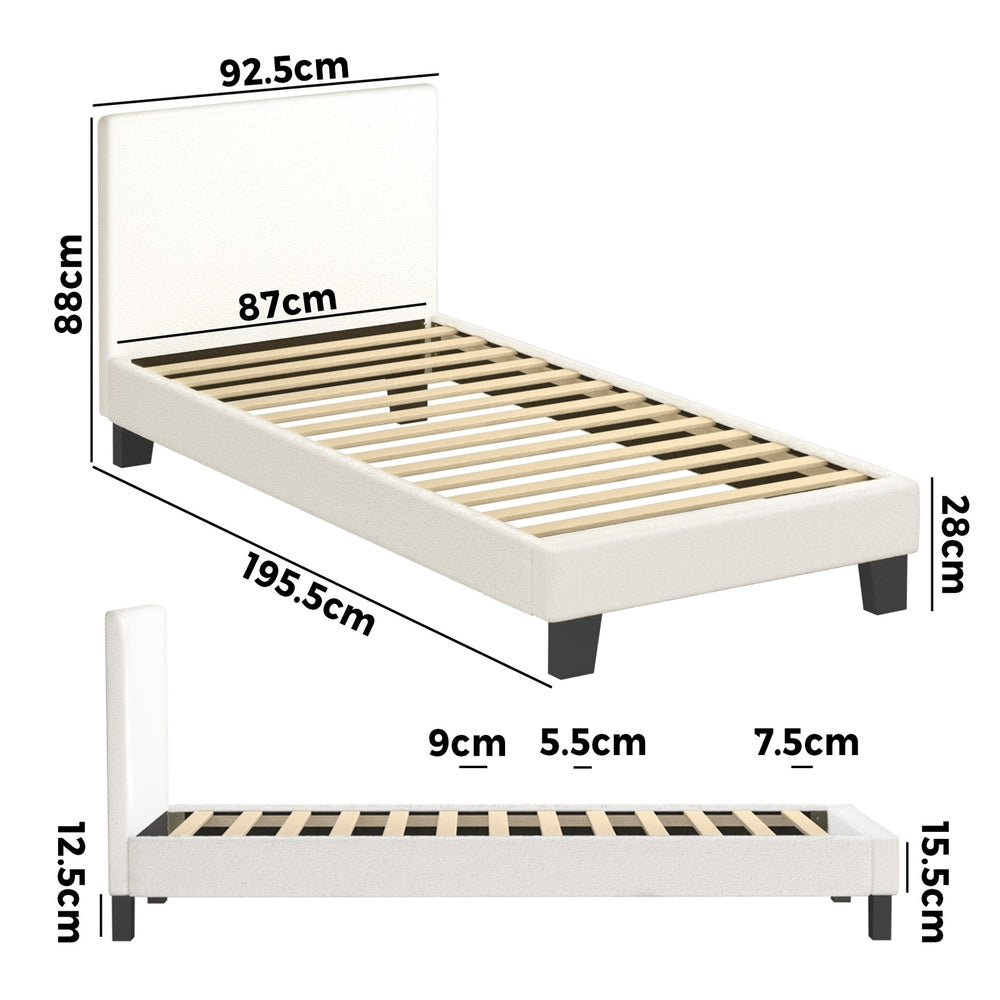 Oikiture Single Bed Frame with Wooden Slats and Boucle Fabric Bed Base Mattress Platfrom White