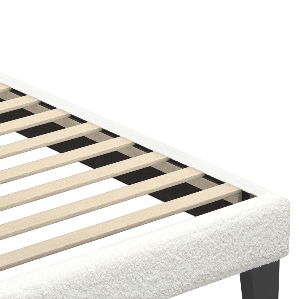 Oikiture Single Bed Frame with Wooden Slats and Boucle Fabric Bed Base Mattress Platfrom White
