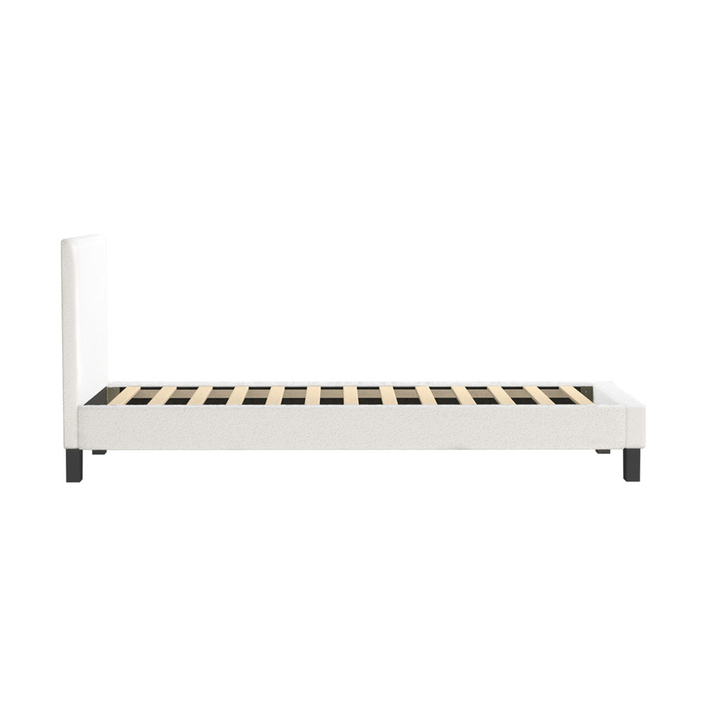 Oikiture Single Bed Frame with Wooden Slats and Boucle Fabric Bed Base Mattress Platfrom White