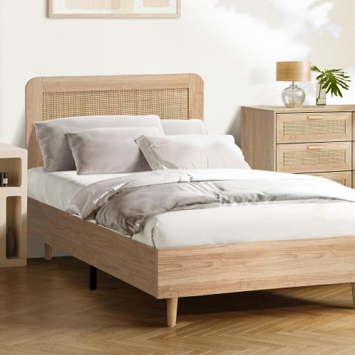 BF-LUNA-KS-WD-AB Oikiture Wooden Bed Frame King Single Rattan Headboard