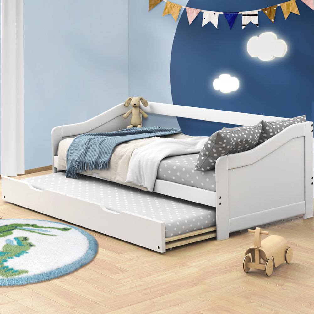BF-W-A7-T1-WH-AB Oikiture Trundle Bed Frame Daybed Single Size Wooden
