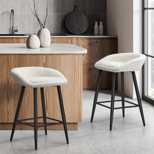BS-ESP-SP-BKWH-2PC Oikiture Bar Stools Set of 2 Kitchen Dining Chairs Counter Stool White Boucle