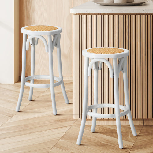 BS-FJ-KUN-WH-2PC Oikiture 2x Bar Stools Kitchen Vintage Dining Chair Rattan Seat White