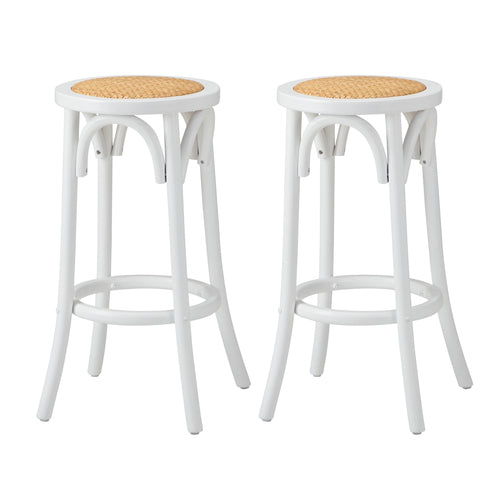 BS-FJ-KUN-WH-2PC Oikiture 2x Bar Stools Kitchen Vintage Dining Chair Rattan Seat White