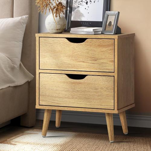 BT-A26-UCAN-WD Oikiture Bedside Tables 2 Drawers Side Table Nightstand Storage Cabinet Wood