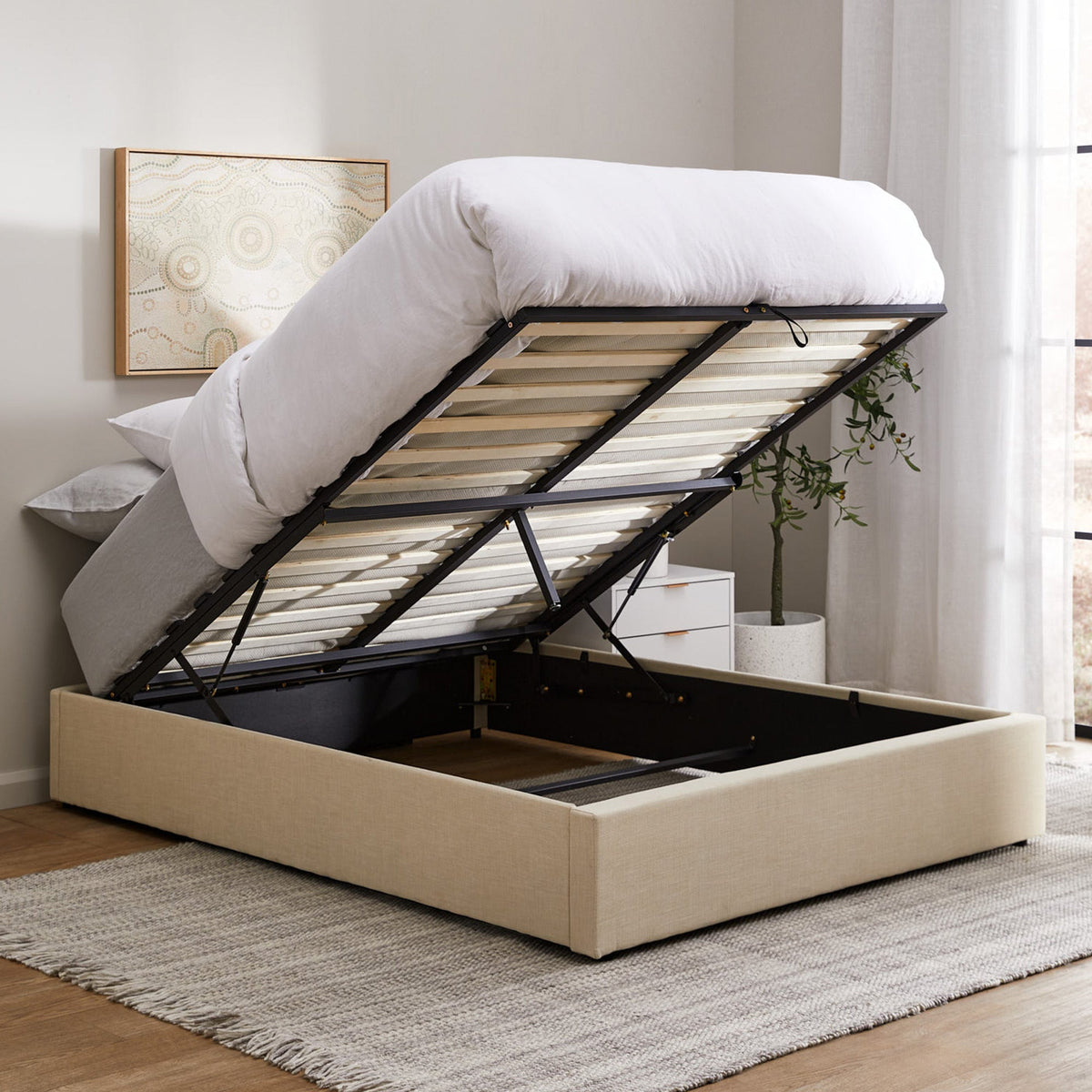 BF-B-TOTI-K-BG-AB Oikiture King Size Bed Frame Gas Lift Bed Base with Storage Beige