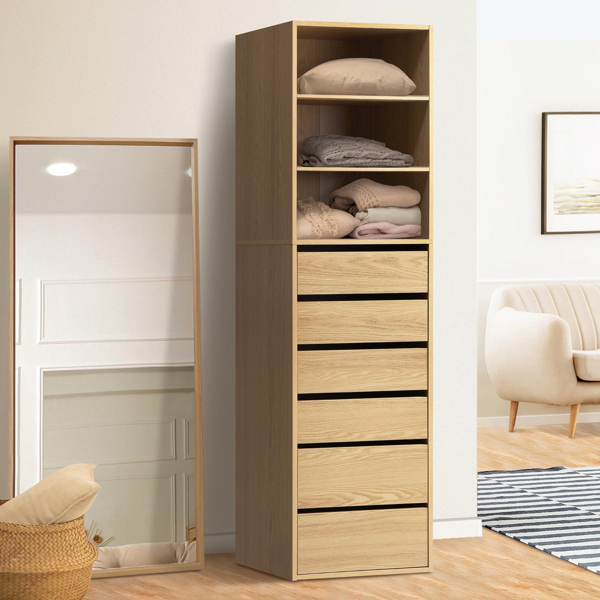 WA-MEXI-H6D-WD-AB Natural Cassandra 6 Drawer 3 Shelf Wardrobe