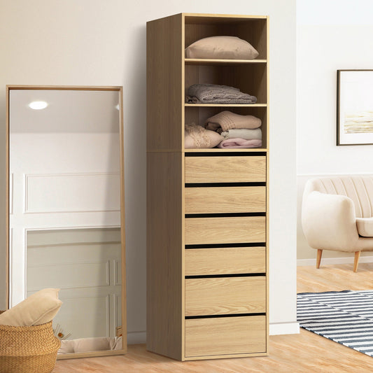 WA-MEXI-H6D-WD-AB Natural Cassandra 6 Drawer 3 Shelf Wardrobe