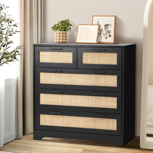 COD-A25-5D-BK-AB Oikiture 5 Chest of Drawers Dresser Storage Cabinet Tallboy Rattan Black