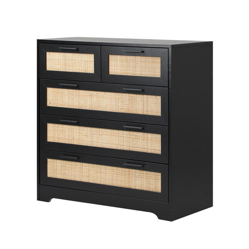 COD-A25-5D-BK-AB Oikiture 5 Chest of Drawers Dresser Storage Cabinet Tallboy Rattan Black