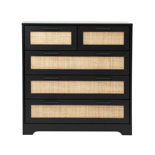 COD-A25-5D-BK-AB Oikiture 5 Chest of Drawers Dresser Storage Cabinet Tallboy Rattan Black