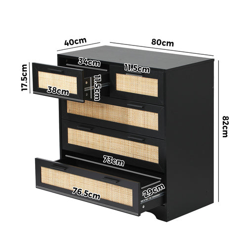 COD-A25-5D-BK-AB Oikiture 5 Chest of Drawers Dresser Storage Cabinet Tallboy Rattan Black