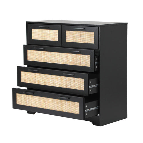 COD-A25-5D-BK-AB Oikiture 5 Chest of Drawers Dresser Storage Cabinet Tallboy Rattan Black