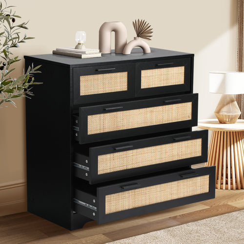 COD-A25-5D-BK-AB Oikiture 5 Chest of Drawers Dresser Storage Cabinet Tallboy Rattan Black