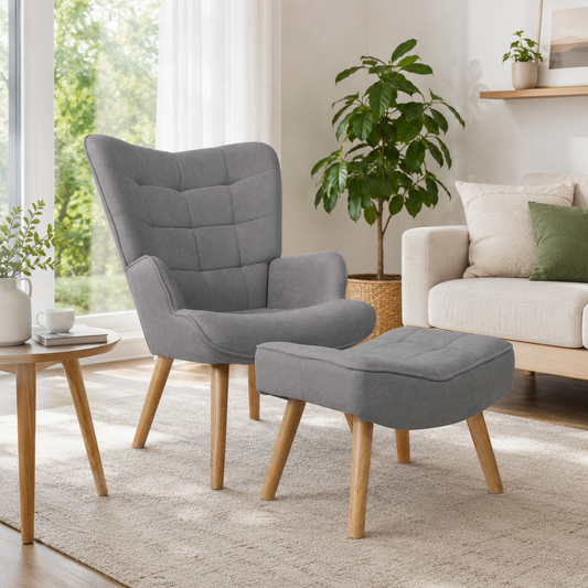 Oikiture Armchair Lounge Chair Ottoman Accent Armchairs Fabric Sofa Chairs Grey