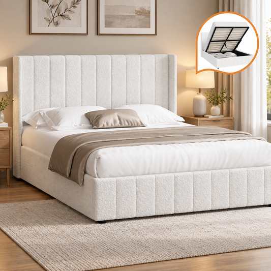 Oikiture Bed Frame Double Size Gas Lift Base with Storage Boucle Fabric White