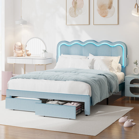 BF-C-MUIZ-D-BL DOUBLE Living Fusion Chloe Velvet Bed Frame with LED  and  Drawers Blue