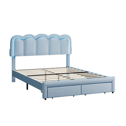 BF-C-MUIZ-D-BL DOUBLE Living Fusion Chloe Velvet Bed Frame with LED  and  Drawers Blue
