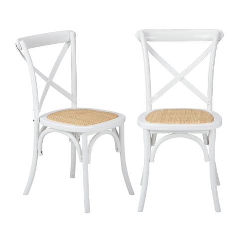 DCH-FJ-KRO-WH-2PC Oikiture 2PCS Crossback Dining Chair Solid Wood Ratan Seat White
