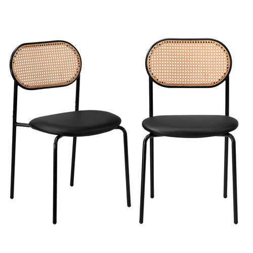 DCH-RATPU-BK-2PC Oikiture 2PCS Dining Chair Accent Chairs Rattan Furniture PU Leather Black