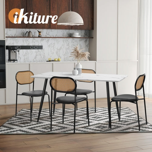 DCH-RATPU-BK-2PC Oikiture 2PCS Dining Chair Accent Chairs Rattan Furniture PU Leather Black