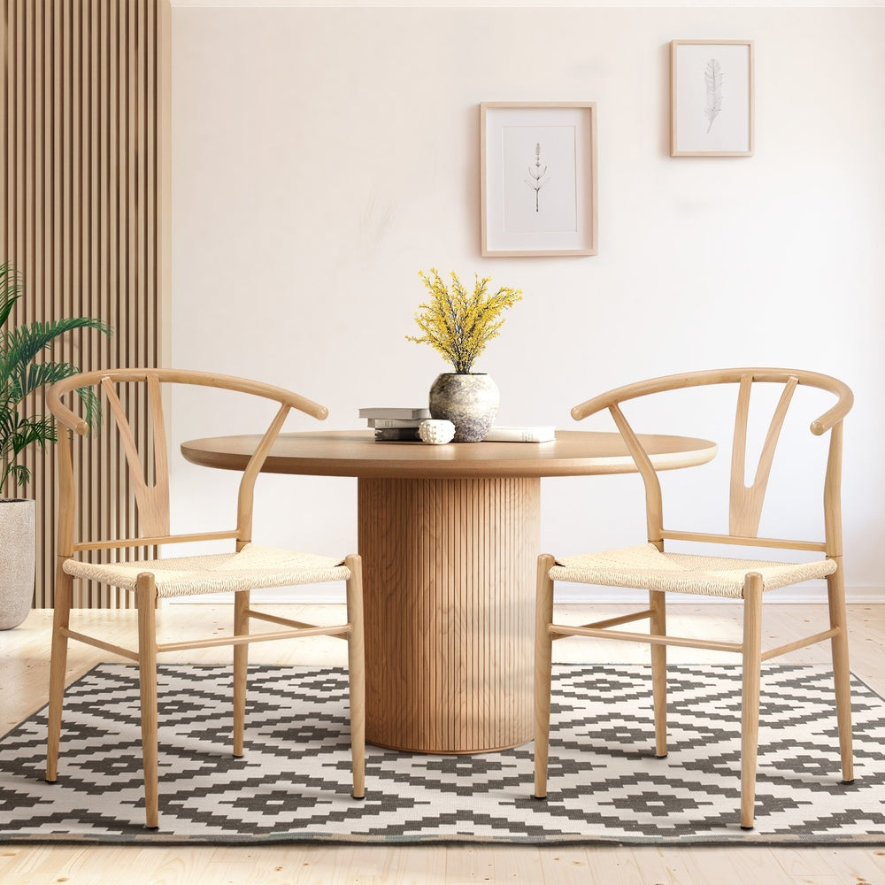 DCH-YCH-MET-WD-2PC Oikiture 2x Dining Chair Metal Hans Wegner Chair Wishbone Cafe Lounge Beige