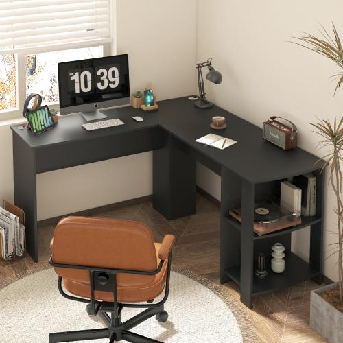 DK-VJ-CONR-F9-BK-AB Oikiture L-shape Computer Desk Home Office Writing Desk w/ Storage Shelves Black
