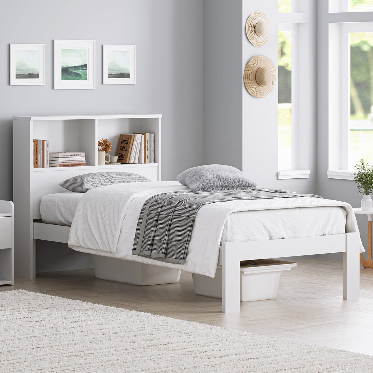 BF-W-A13-SHELF-WH-AB Isabelle Pine Wood Single Bed with Shelves